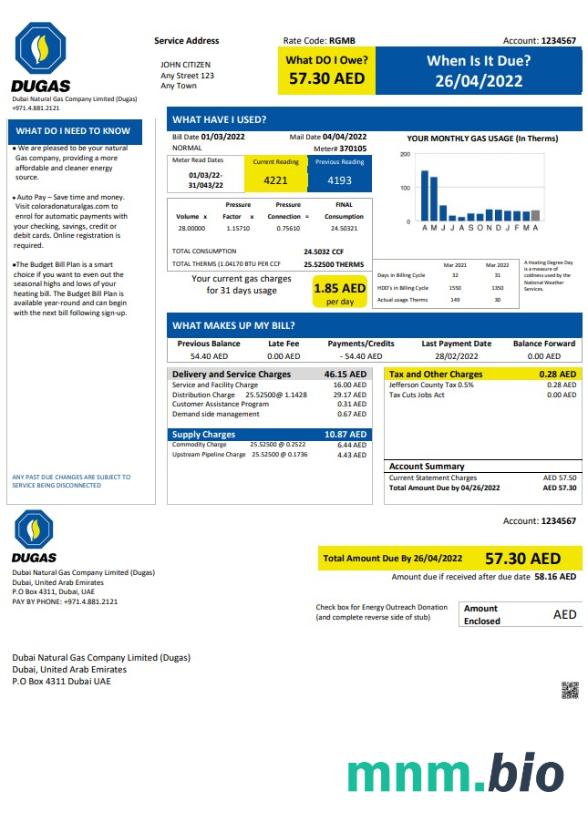 UAE Dubai Gaz ziemny Firma Limited (Dugas) szablon rachunku za media w formacie Word i PDF